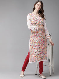 Ada Hand Embroidered Women's Georgette Lucknowi Chikankari Kurta with Slip A90397 White