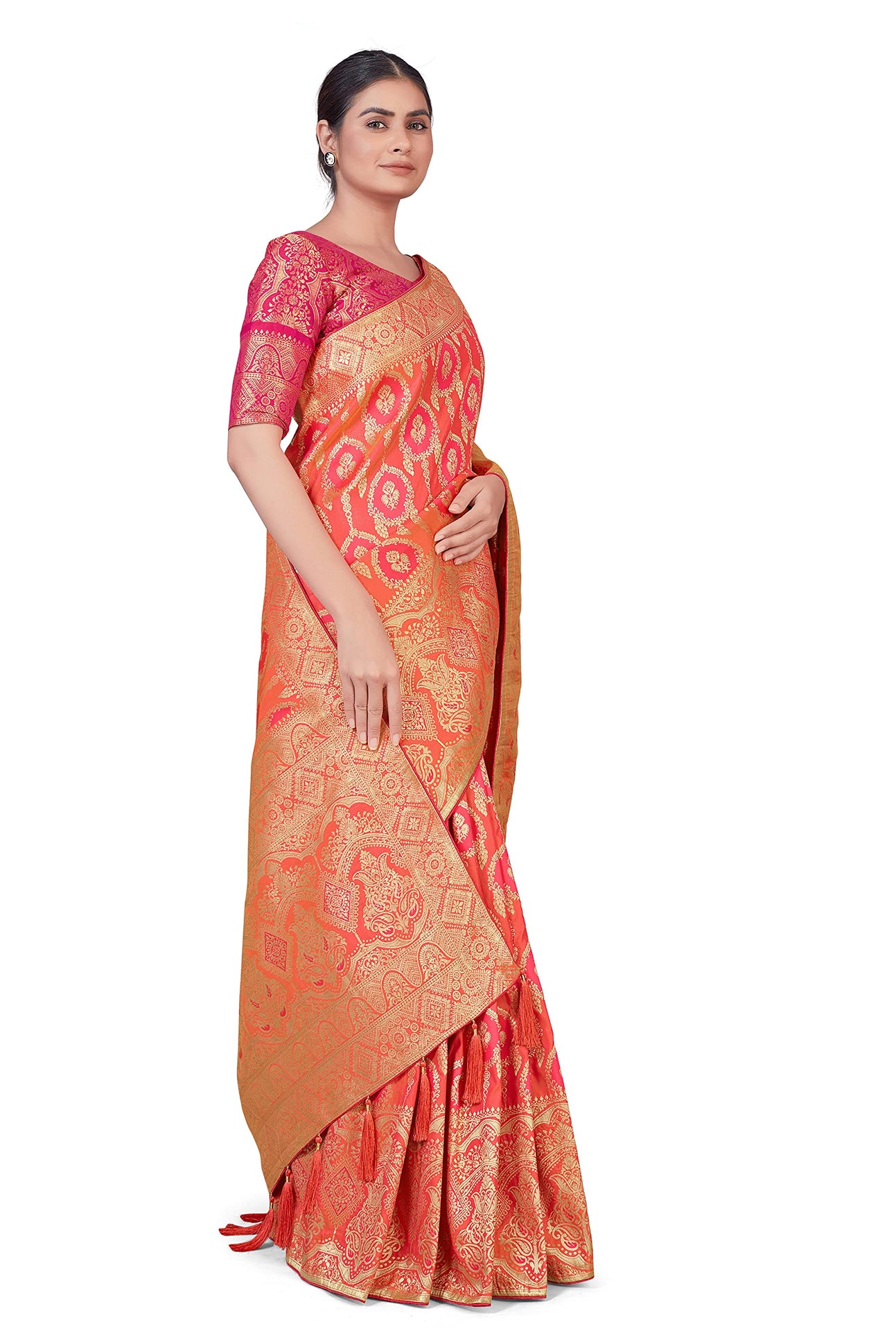 Monjolika Fashion Women's Banarasi Silk Peach Color Golden Zari Woven Saree With Separate Embellished And Unsttiched Blouse Piece