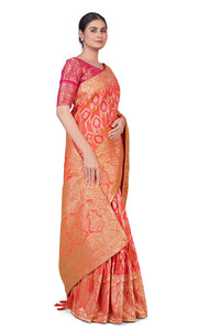 Monjolika Fashion Women's Banarasi Silk Peach Color Golden Zari Woven Saree With Separate Embellished And Unsttiched Blouse Piece