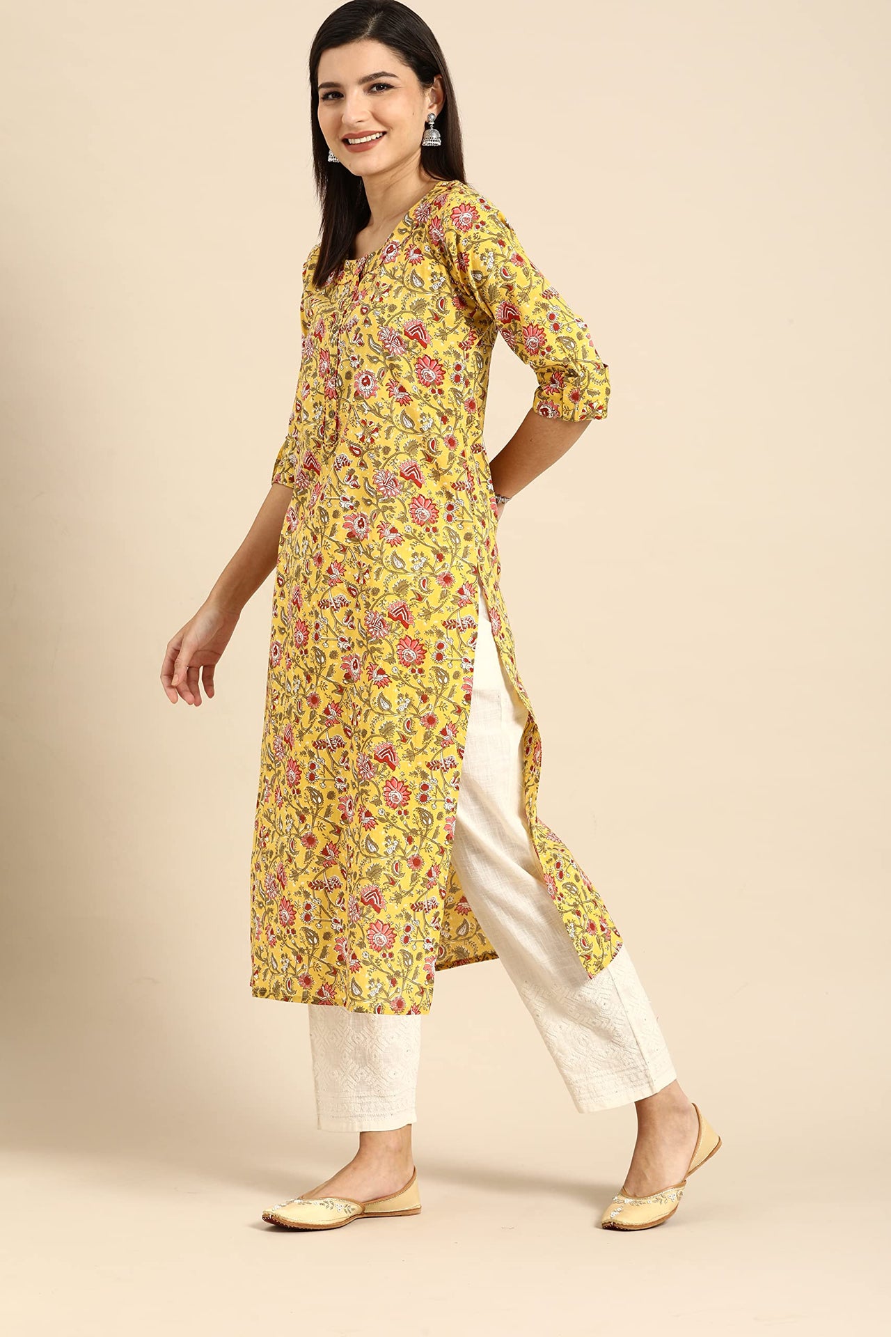 Monira Women's Pure Cambric Cotton Kalamkari Floral Print Straight Kurti