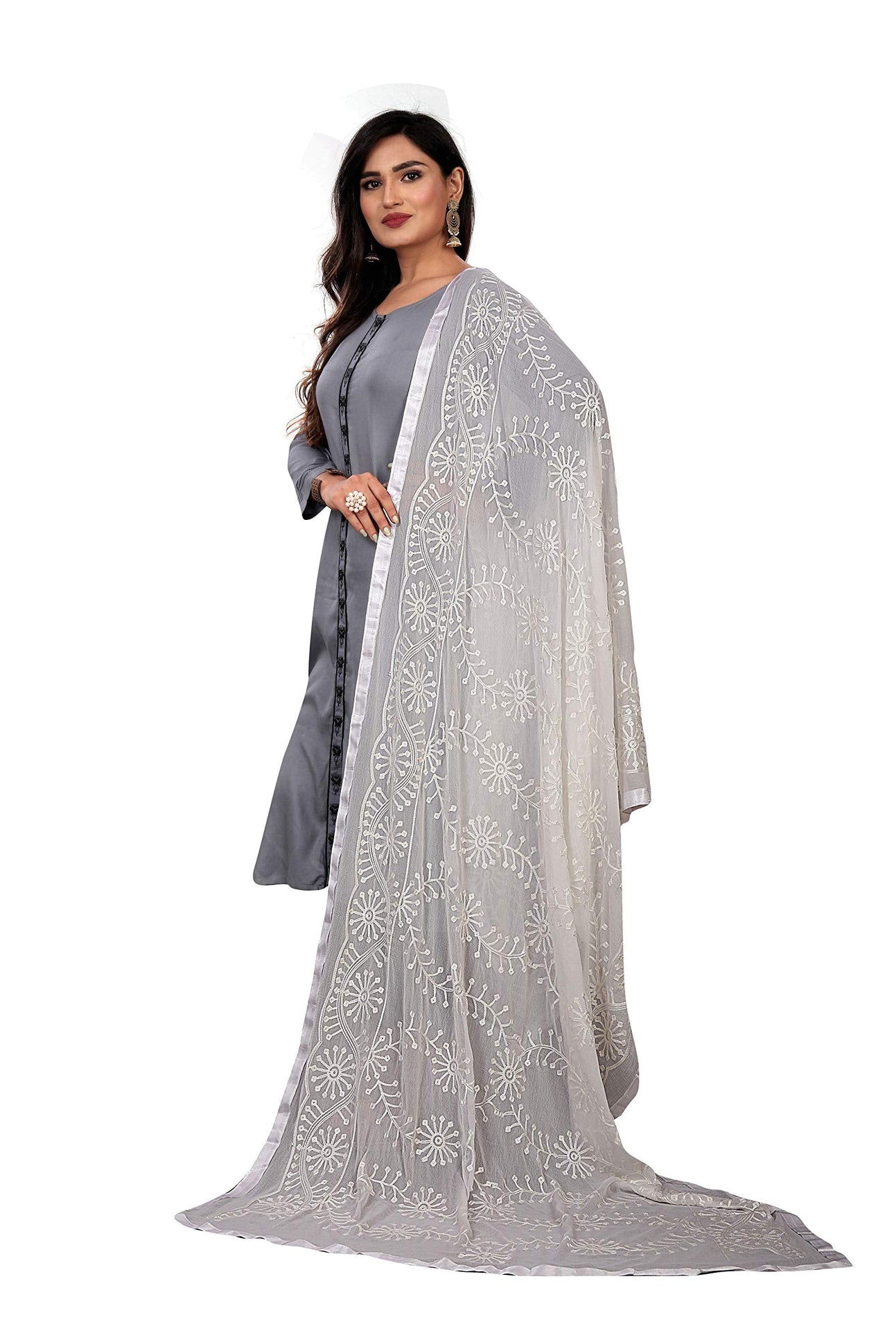 AKSHAR LLC Women's Designer Pure Chiffon Dupatta with Pure Cotton Thread Embroidery Work