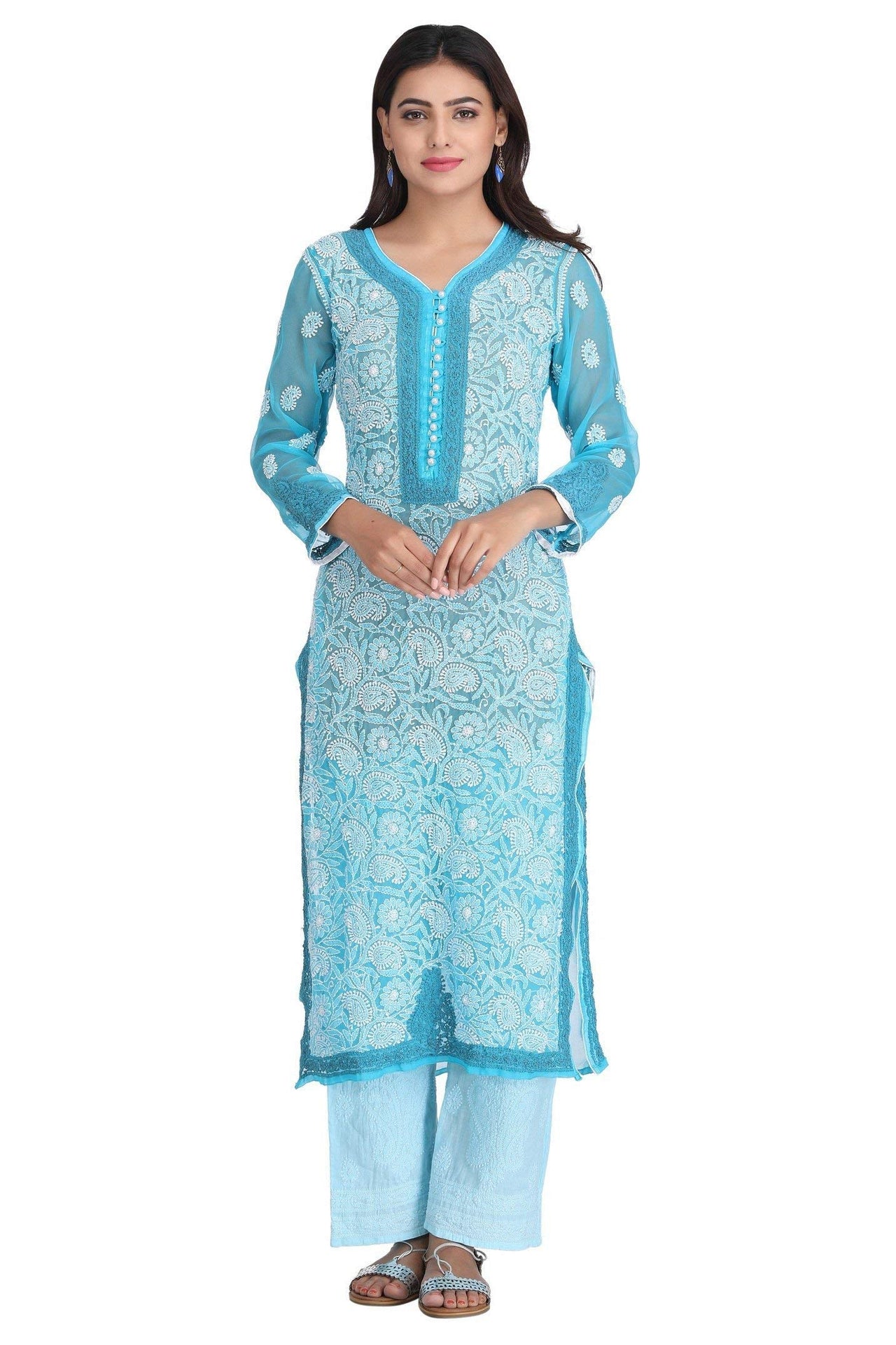 Ada Women's Hand Embroidered Faux Georgette Lucknowi Chikankari Kurti with Slip
