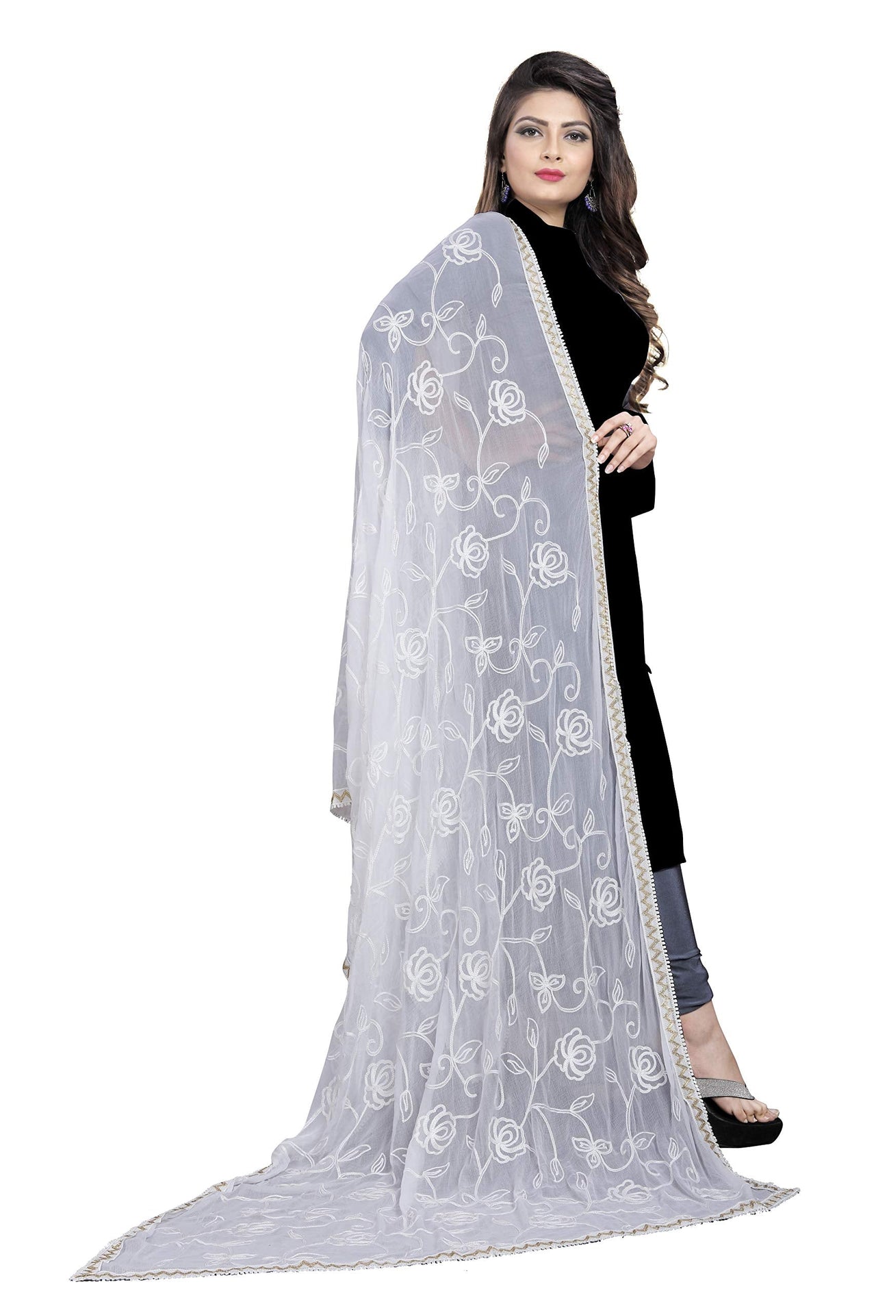AKSHAR LLC Miss India Women's Chiffon Dupatta With Karachi Embroidery Work_2.30mtr