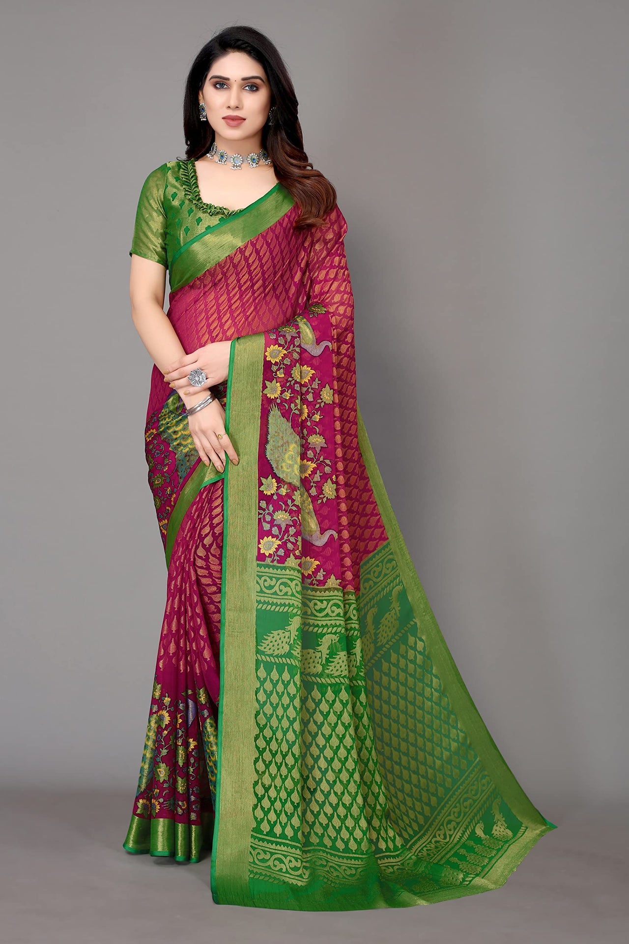 Winza Designer Women's Chiffon Brasso Floral Printed Saree with Blouse Piece