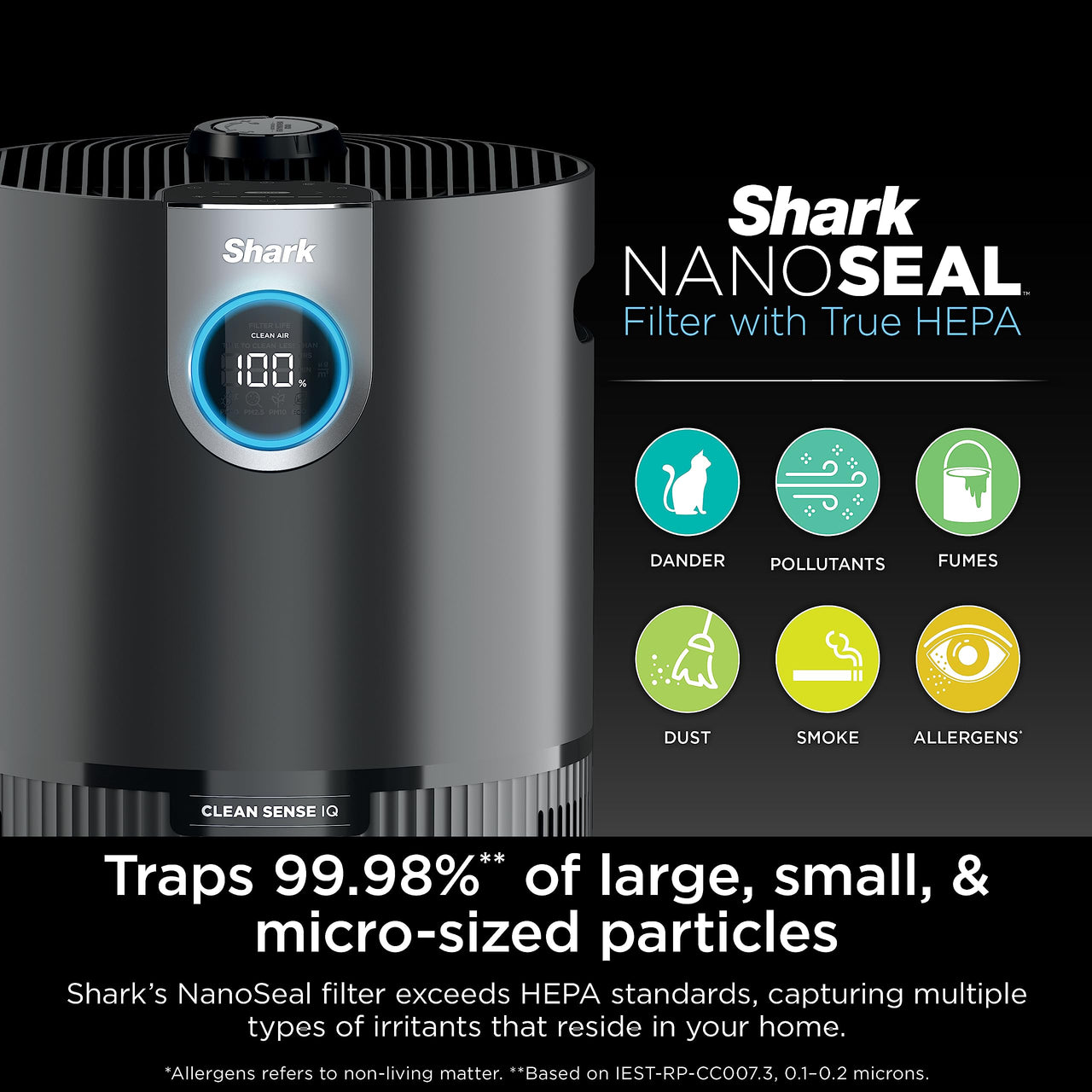Shark Air Purifier for Home, Office, and Bedroom, Clean Sense Technology, HEPA Air Filter, 1200 Sq Ft, Captures 99.98% of Particles, Pet Dander, Pollutants, Dust, Smoke, Allergens & Smells, HP202 Black 1200 Sq. Ft.