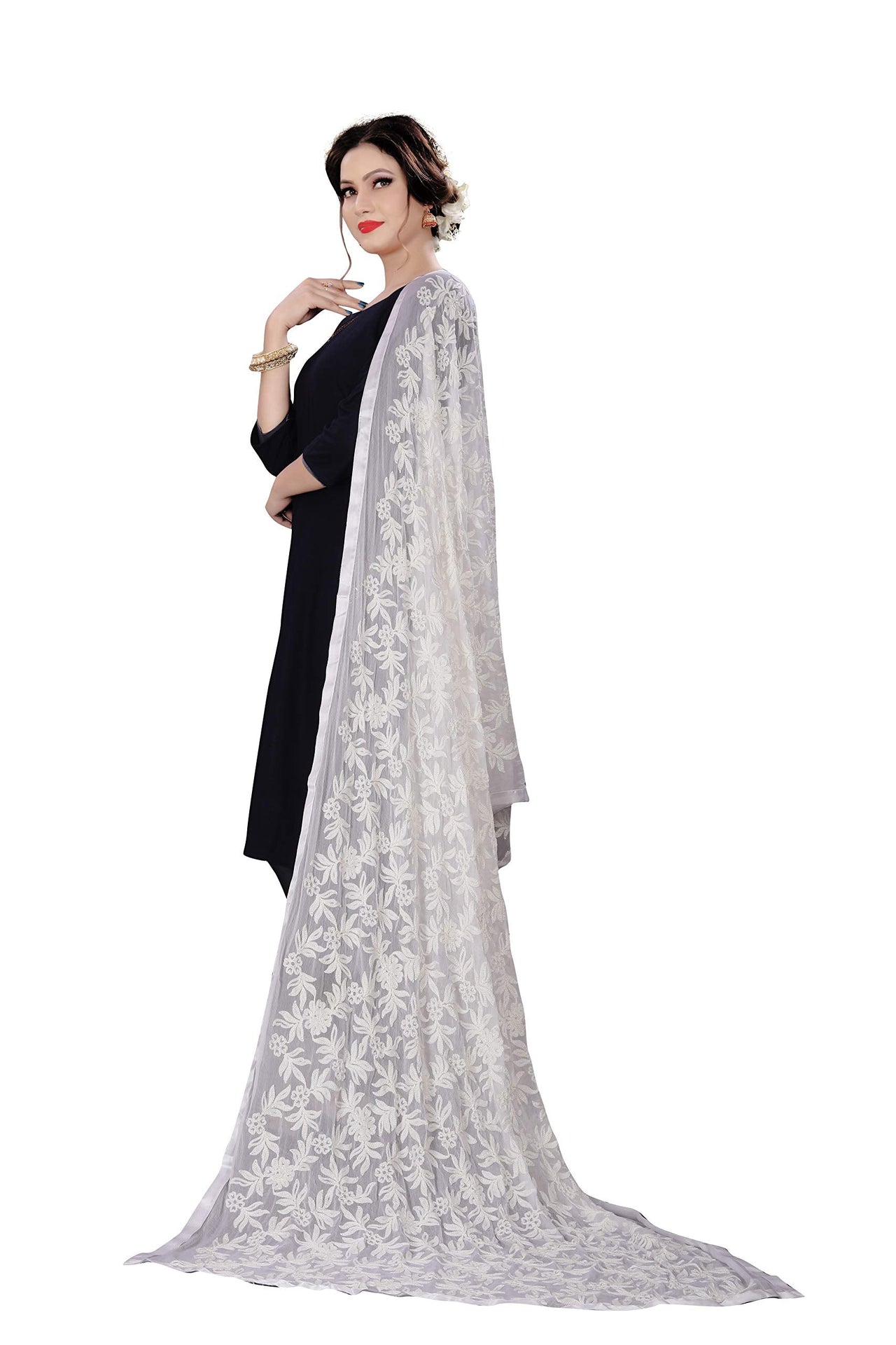 AKSHAR LLC Miss India Women's Chiffon Dupatta With Karachi Embroidery Work
