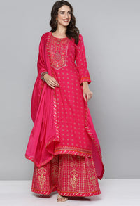 LYMI LABEL Rayon Embroidered Foli Printed Stitched Kurta Skirt set with Gota patti Dupatta