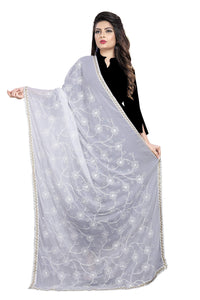 AKSHAR LLC Women's Designer Pure Chiffon Dupatta with Pure Cotton Thread Embroidery Work