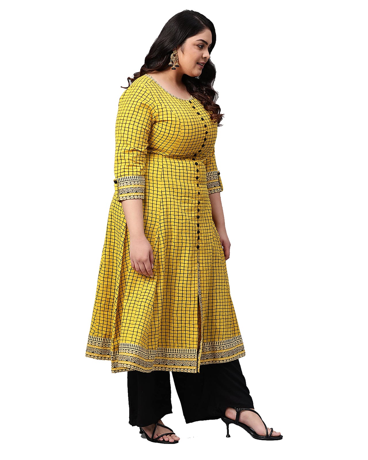 Yash Gallery Women's Plus Size Plus Size Cotton Slub Checks Printed Anarkali Kurta for Women