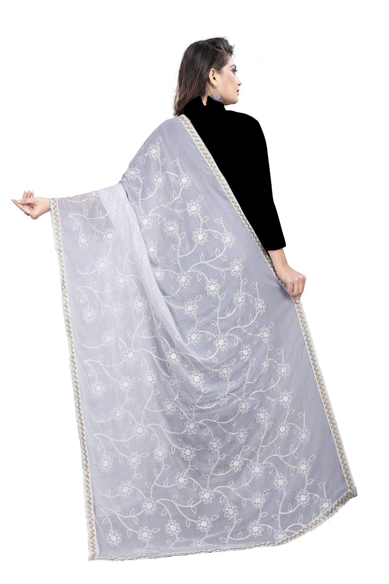 AKSHAR LLC Women's Designer Pure Chiffon Dupatta with Pure Cotton Thread Embroidery Work