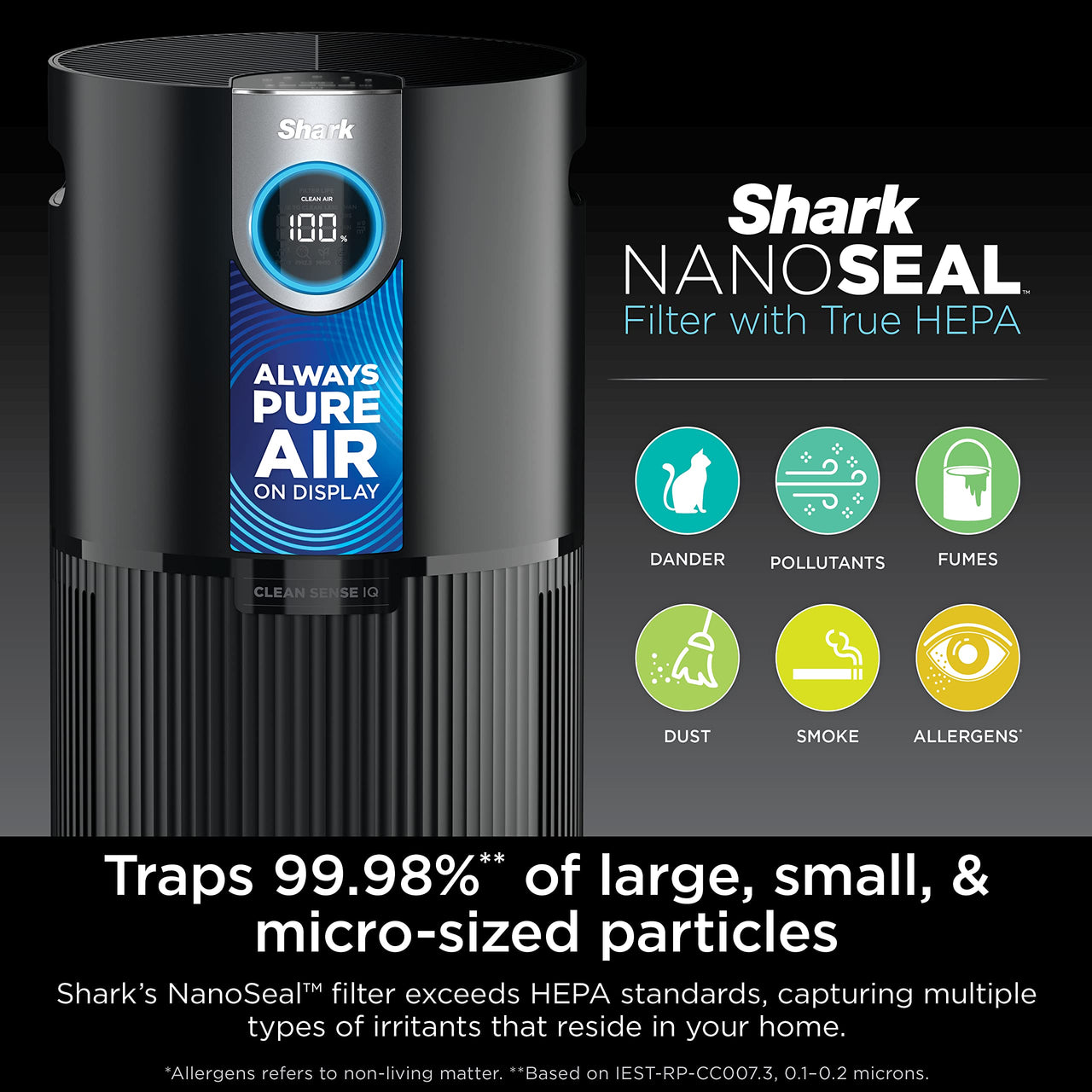 Shark Air Purifier for Home, Office, and Bedroom, Clean Sense Technology, HEPA Air Filter, 1200 Sq Ft, Captures 99.98% of Particles, Pet Dander, Pollutants, Dust, Smoke, Allergens & Smells, HP202 Black 1200 Sq. Ft.