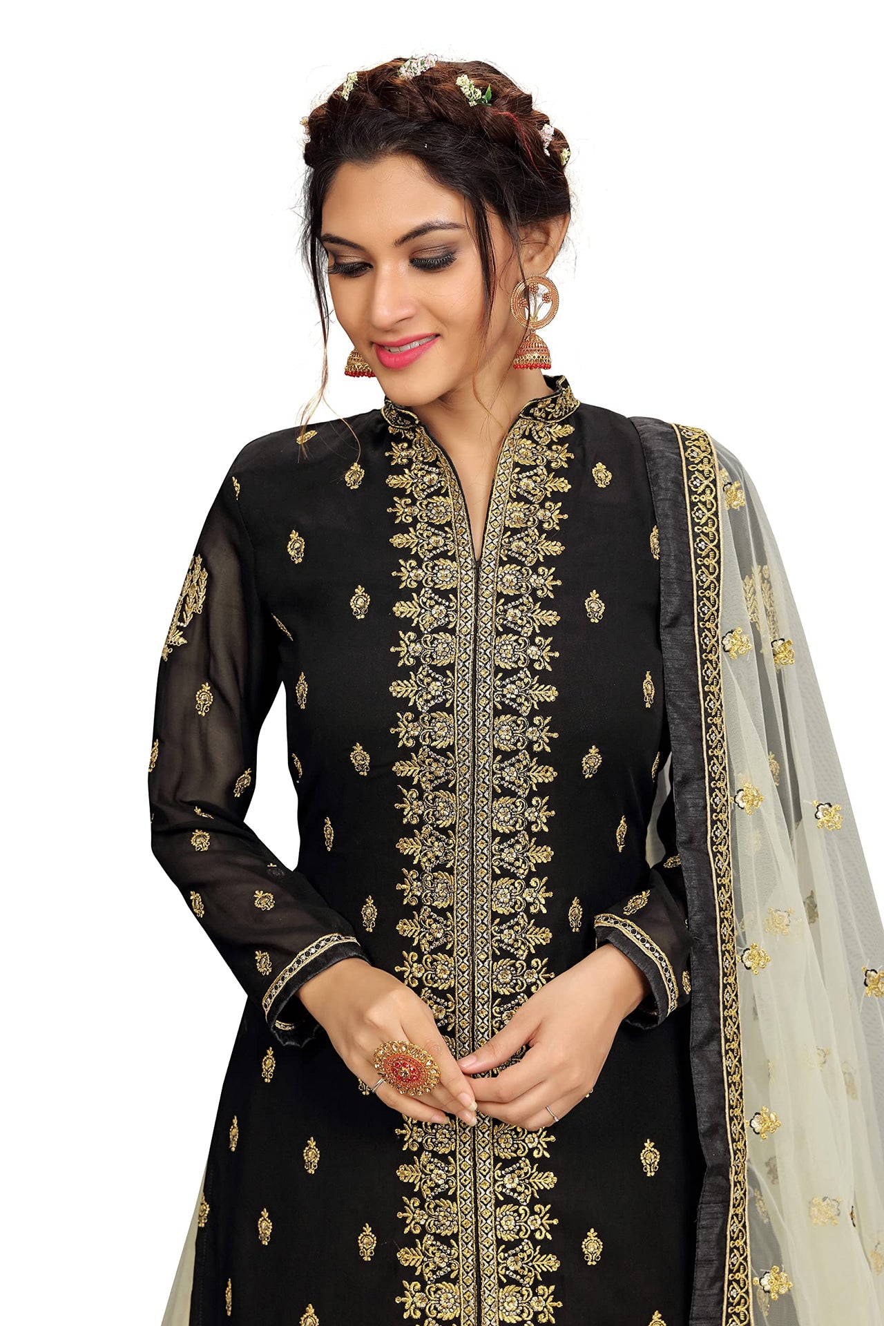 TRENDMALLS Women's Georgette Embroidery Kurta Lehenga Suit Set Stitched