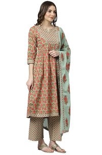 Janasya Women's Light Green Cotton Kurta With Palazzo And Dupatta