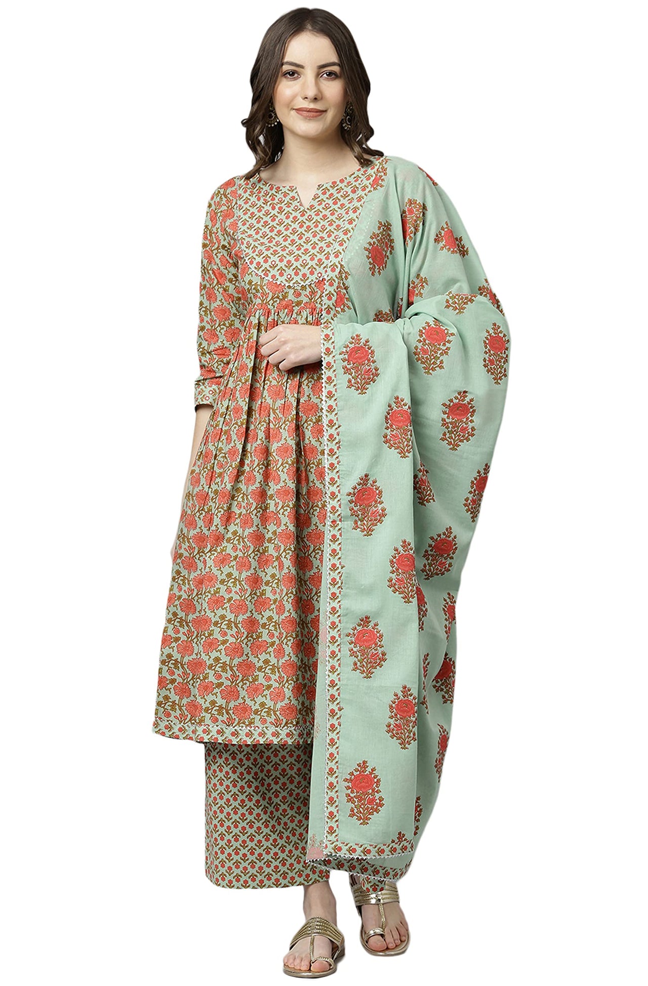Janasya Women's Light Green Cotton Kurta With Palazzo And Dupatta