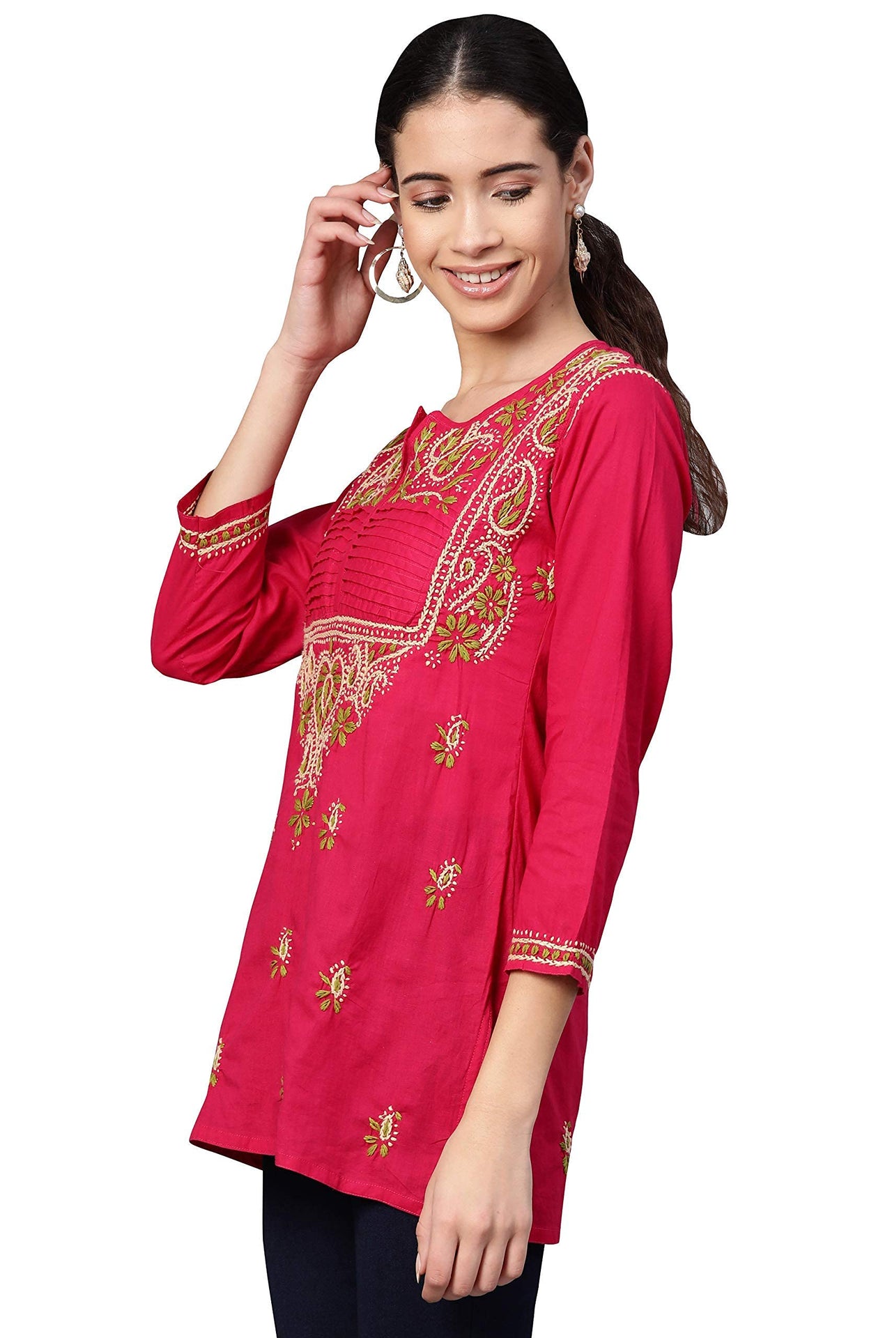 Ada Women's Cotton Top Hand Embroidered Lucknowi Chikankari Tunic Kurti