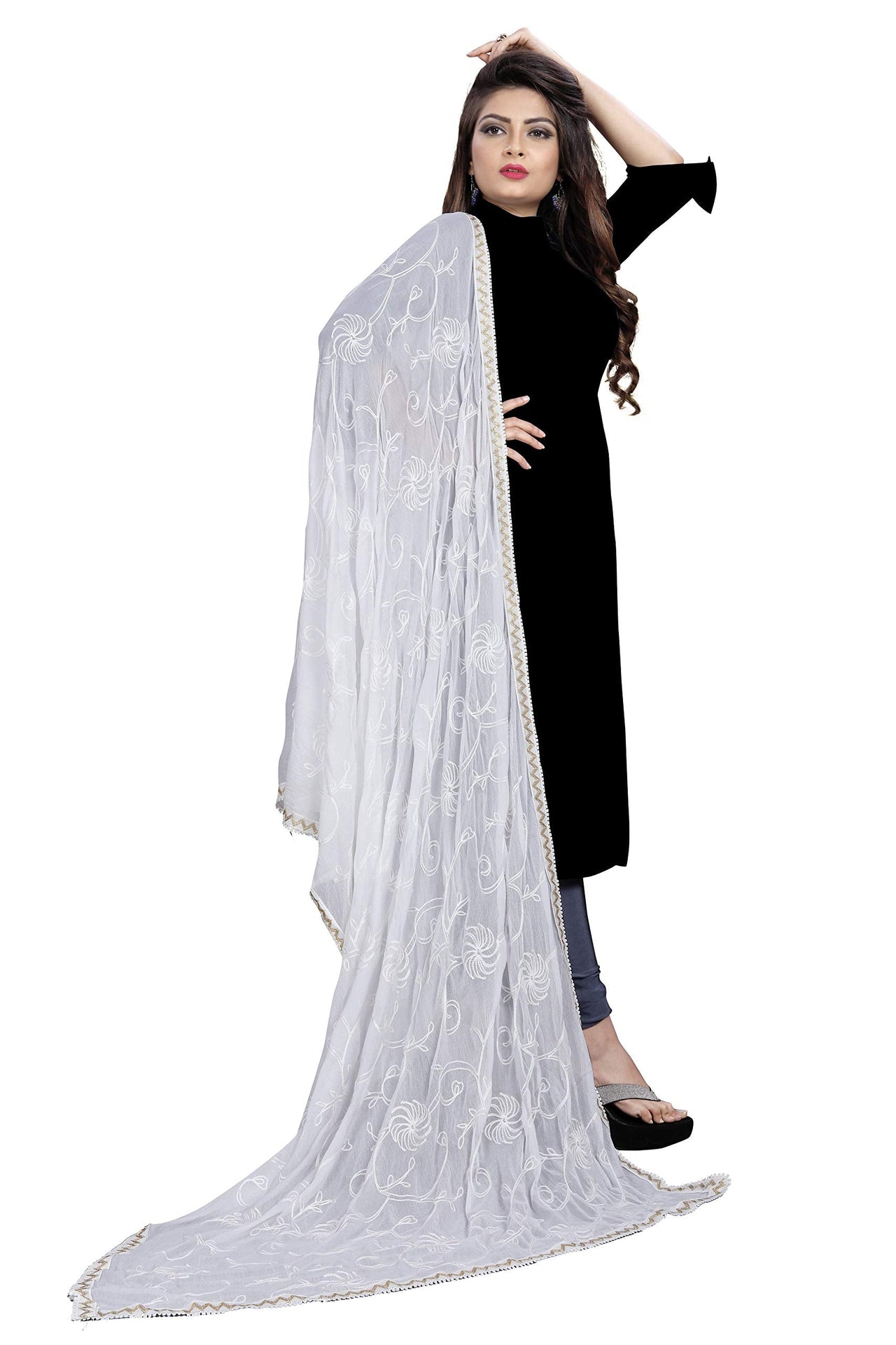 AKSHAR LLC Women's Designer Pure Chiffon Dupatta with Pure Cotton Thread Embroidery Work
