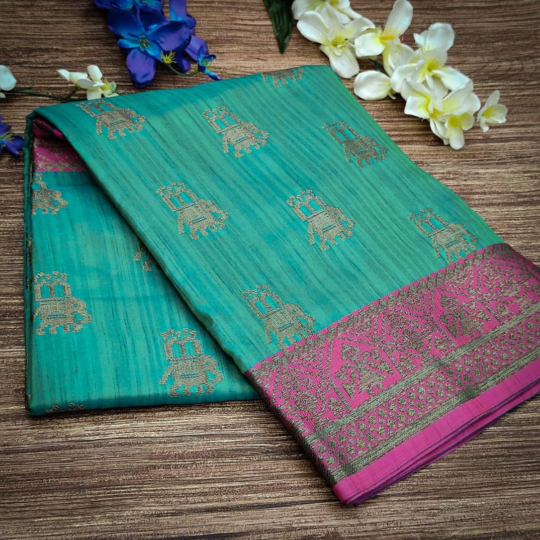NK Textiles Women's Elephant Motifs Woven Kanjivaram Ghicha Tussar Silk Saree with Fancy Tassels