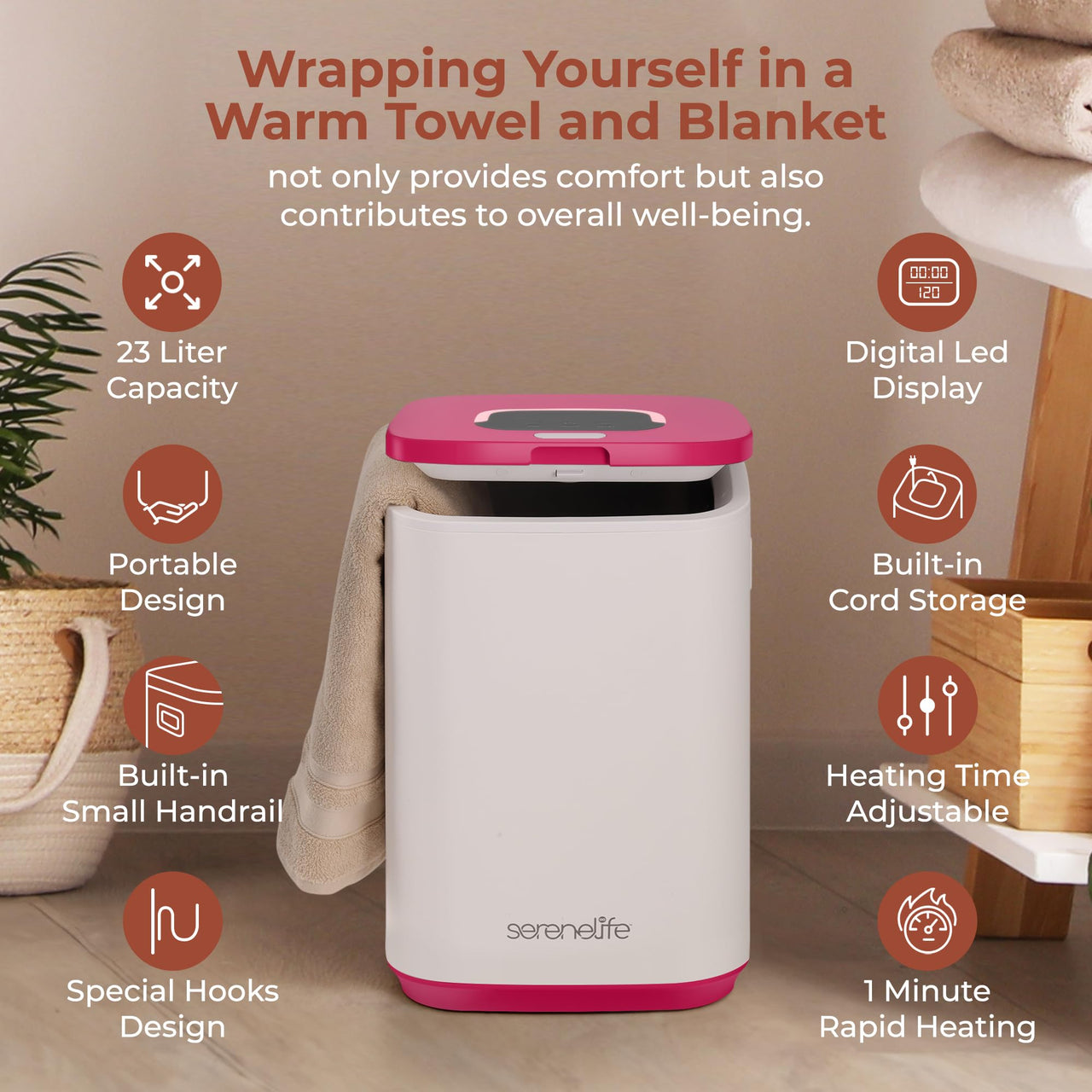 SereneLife Towel Warmers for Bathroom, 23L Luxury Heater, Blanket Warmer Bucket, LED Display, Up to 24 Hours Delay, 3 Heating Modes and Child Lock for Oversize Bathrobes PJ's and More (Pink) Pink