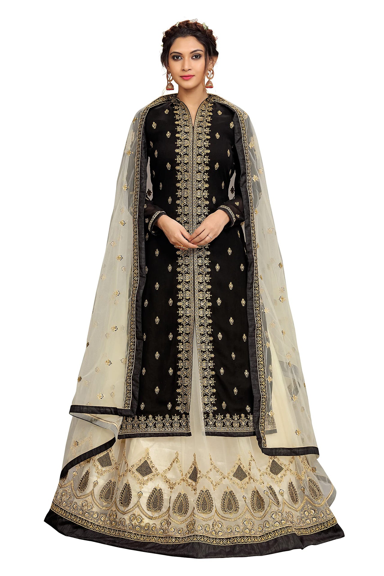 TRENDMALLS Women's Georgette Embroidery Kurta Lehenga Suit Set Stitched