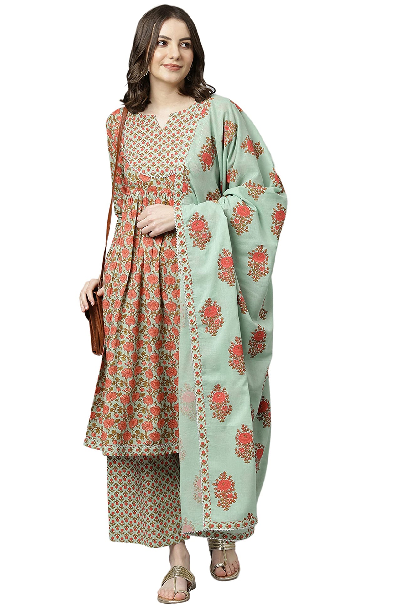 Janasya Women's Light Green Cotton Kurta With Palazzo And Dupatta