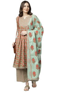 Janasya Women's Light Green Cotton Kurta With Palazzo And Dupatta