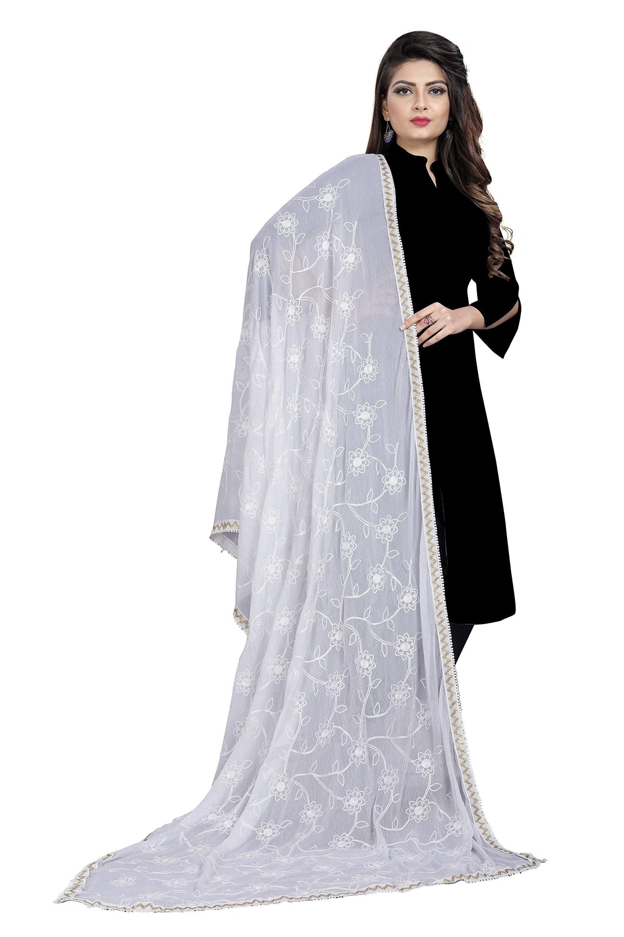 AKSHAR LLC Women's Designer Pure Chiffon Dupatta with Pure Cotton Thread Embroidery Work