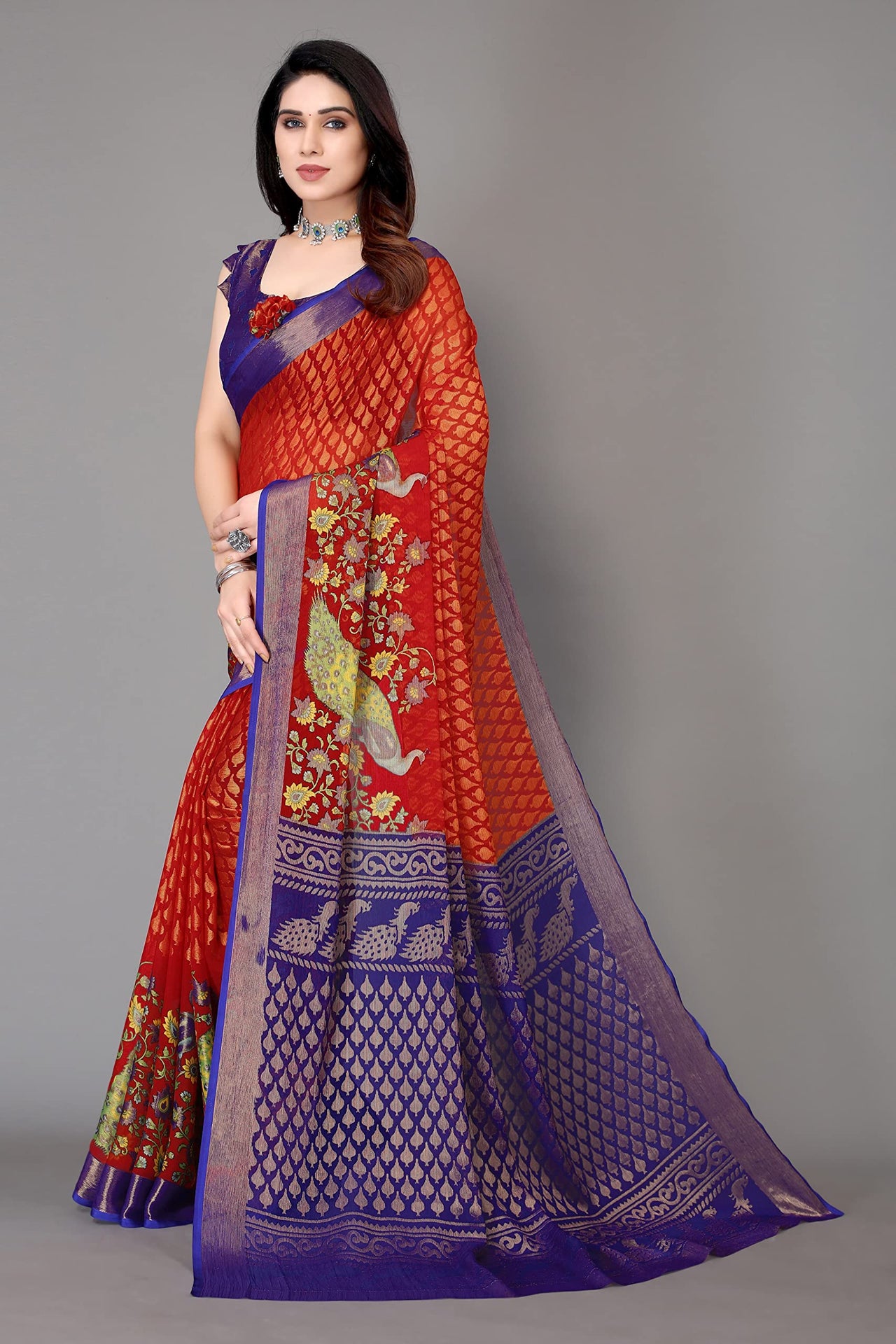 Winza Designer Women's Chiffon Brasso Floral Printed Saree with Blouse Piece