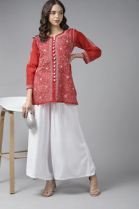 Ada Women's Hand Embroidered Lucknowi Chikankari Cotton Straight Short Top Kurti A178625