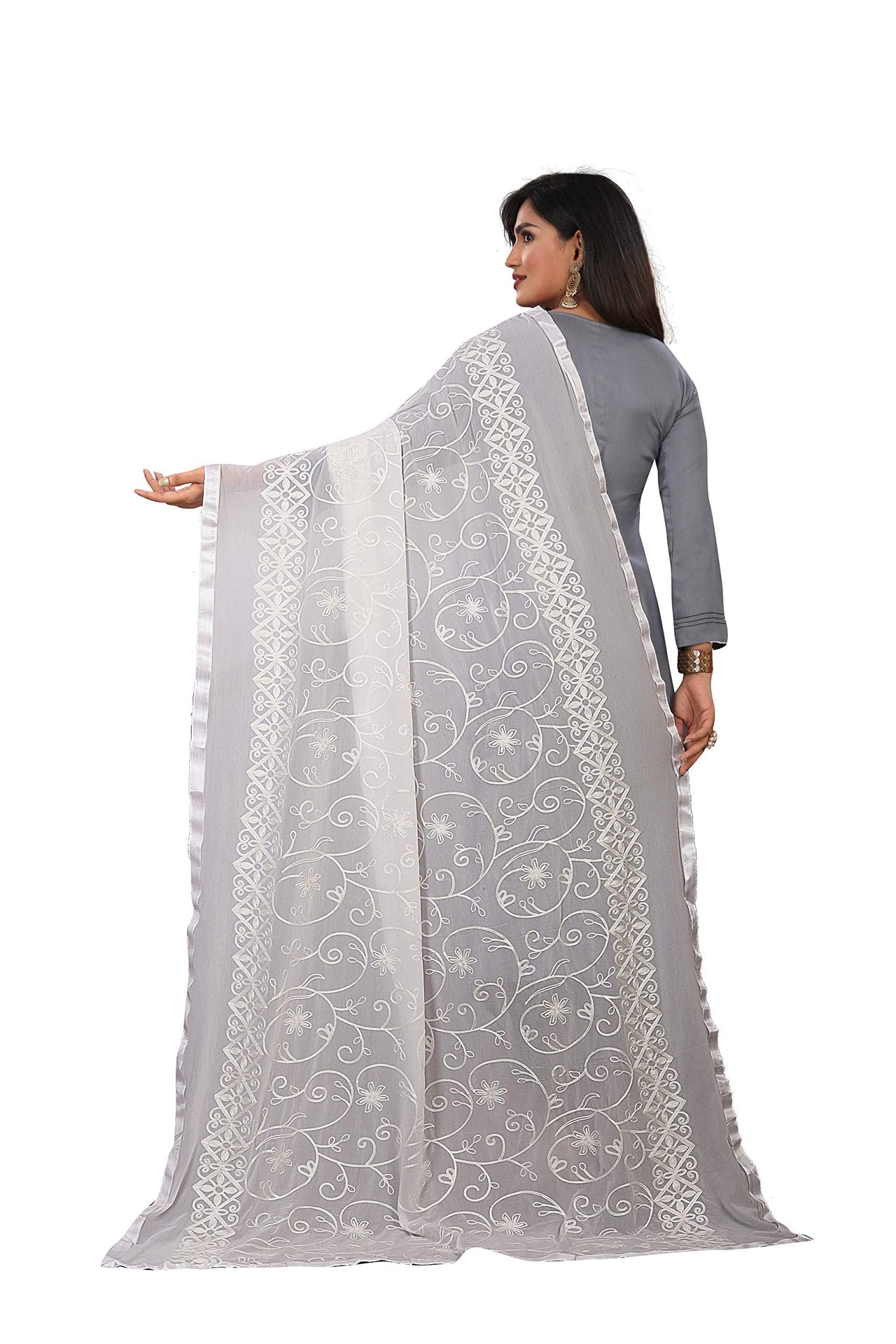 AKSHAR LLC Women's Designer Pure Chiffon Dupatta with Pure Cotton Thread Embroidery Work