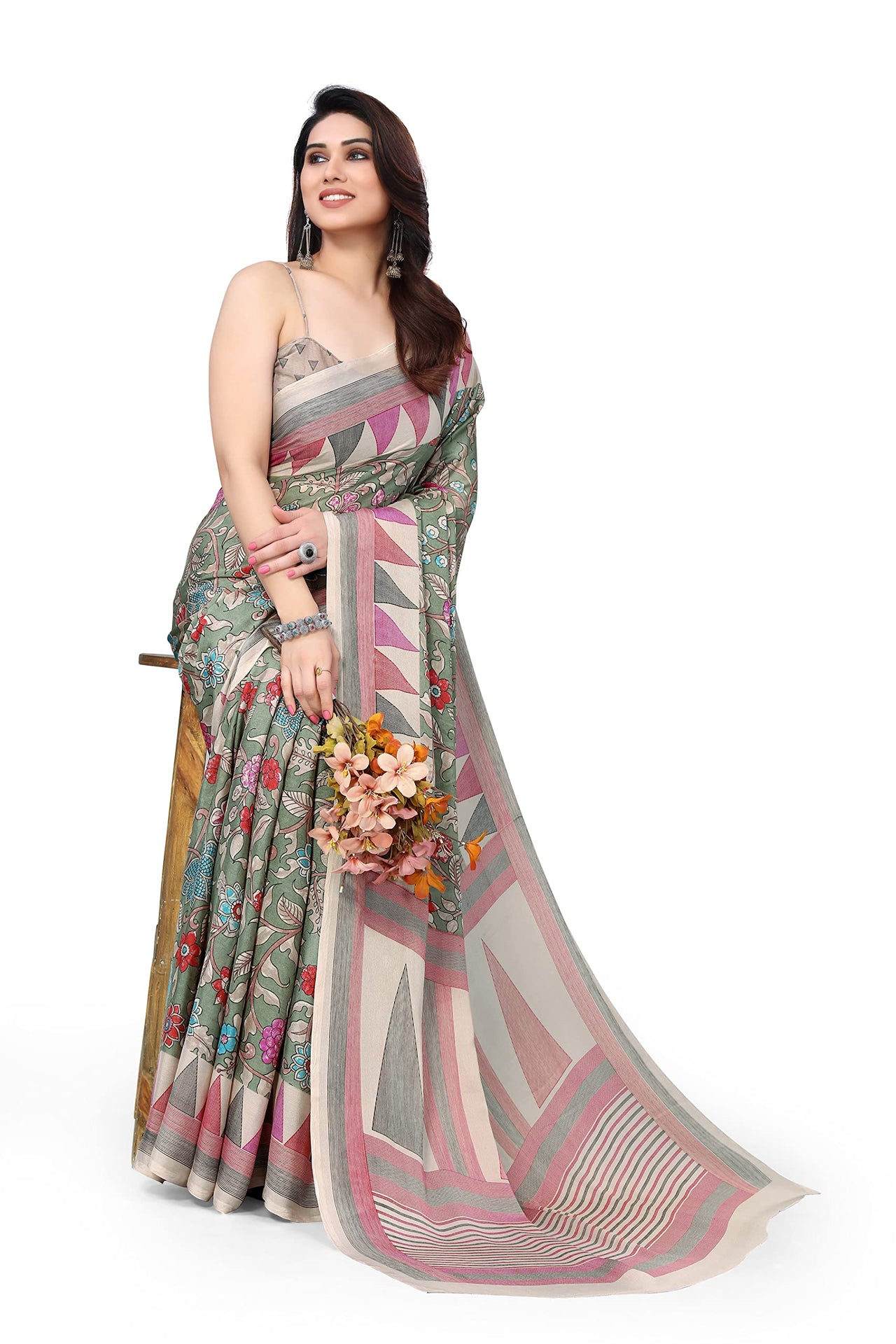 MIRCHI FASHION Women's Stylish Chiffon Floral and Geometric Printed Saree with Blouse Piece