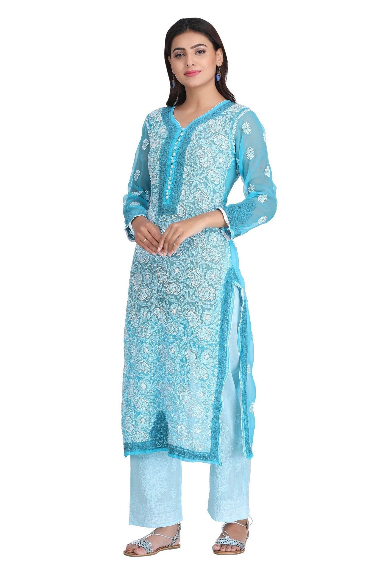Ada Women's Hand Embroidered Faux Georgette Lucknowi Chikankari Kurti with Slip