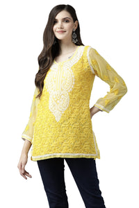 Ada Women's Hand Embroidered Lucknowi Chikankari Georgette Short Top Kurti with Slip