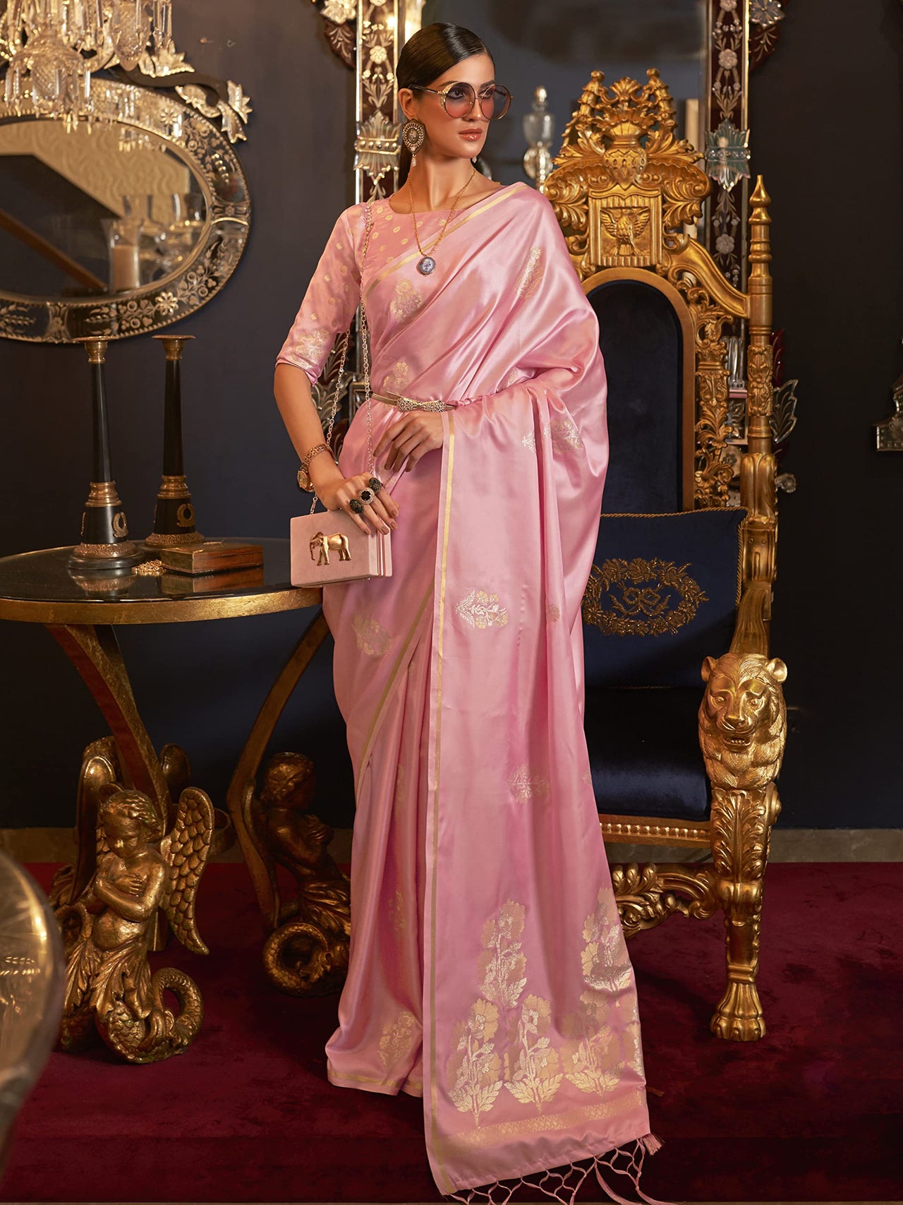AKHILAM Women's Banarasi Pure Silk Floral Golden Zari Work Woven Design Border Saree with Unstitched Blouse Piece(KSBLE2240_Parent)