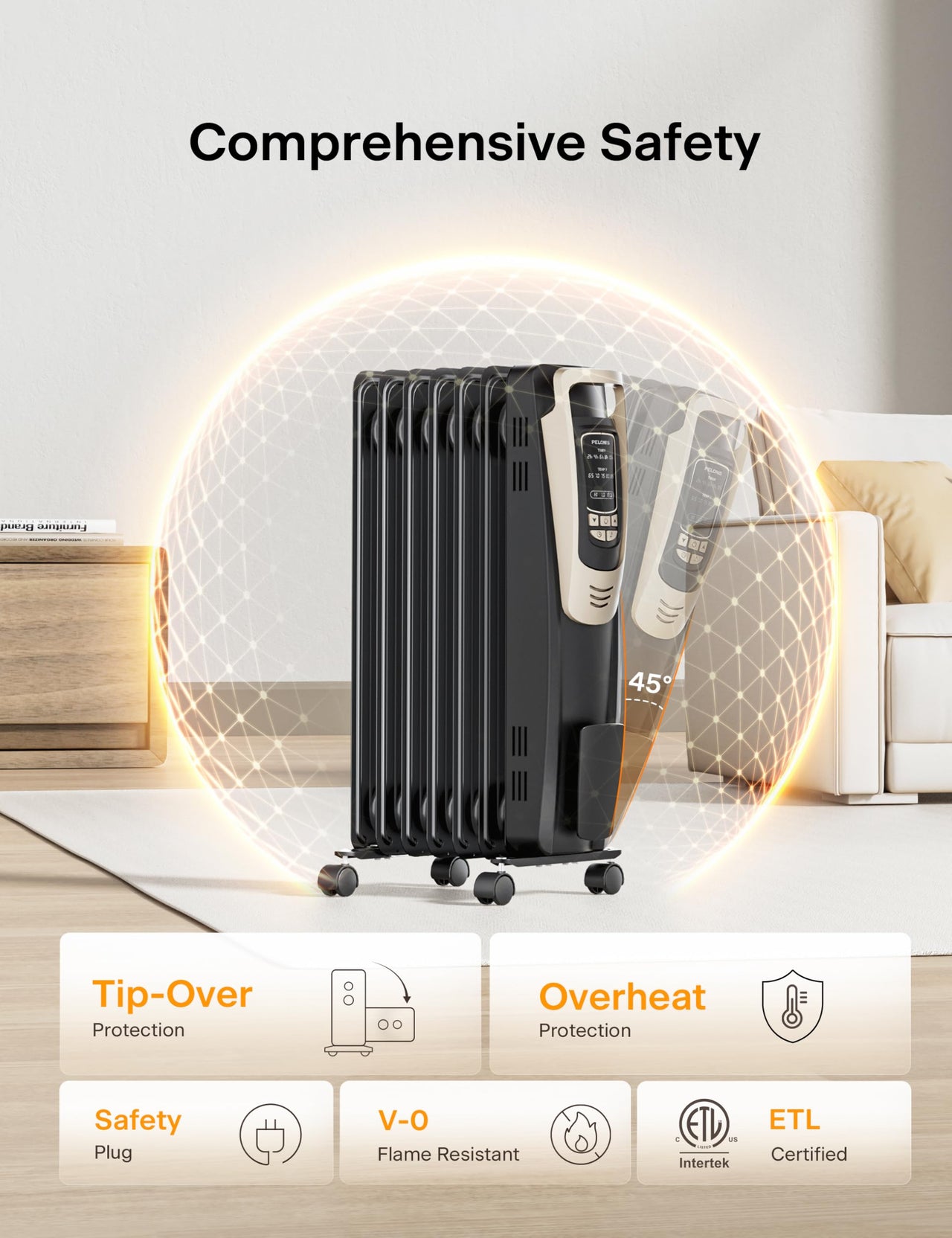 PELONIS Oil Filled Radiator, Electric Space Heater for Indoor Use Large Room with Thermostat & Remote, 3 Modes & 3 Heat Settings, ECO Mode, 24H Timer, Quiet, Overheat & Tip-Over Protection, 1500W Premium with LED Display Black
