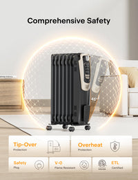 PELONIS Oil Filled Radiator, Electric Space Heater for Indoor Use Large Room with Thermostat & Remote, 3 Modes & 3 Heat Settings, ECO Mode, 24H Timer, Quiet, Overheat & Tip-Over Protection, 1500W Premium with LED Display Black
