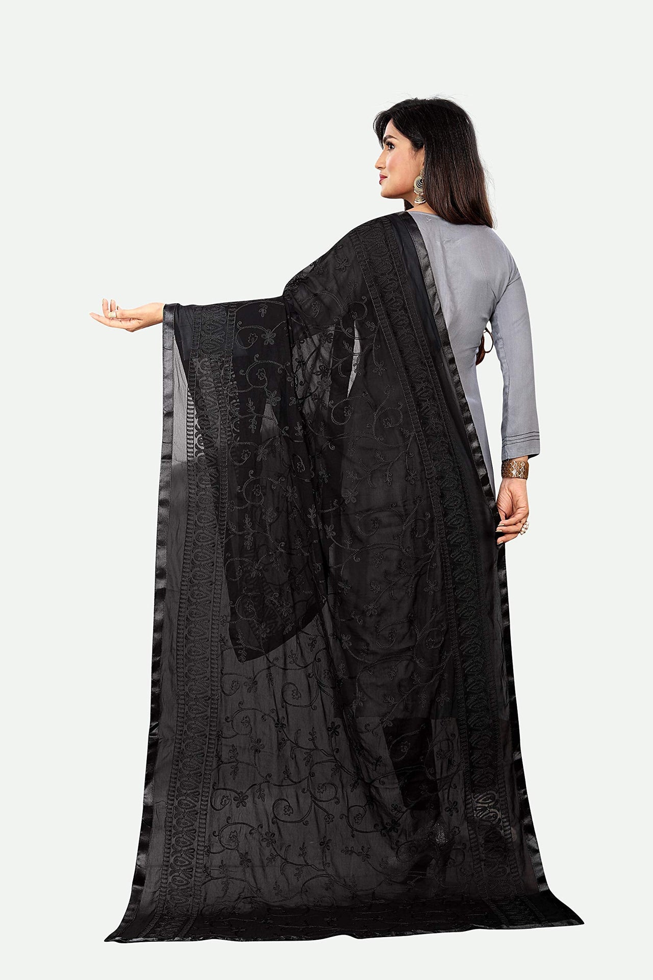 AKSHAR LLC Miss India Women's Chiffon Dupatta With Karachi Embroidery Work