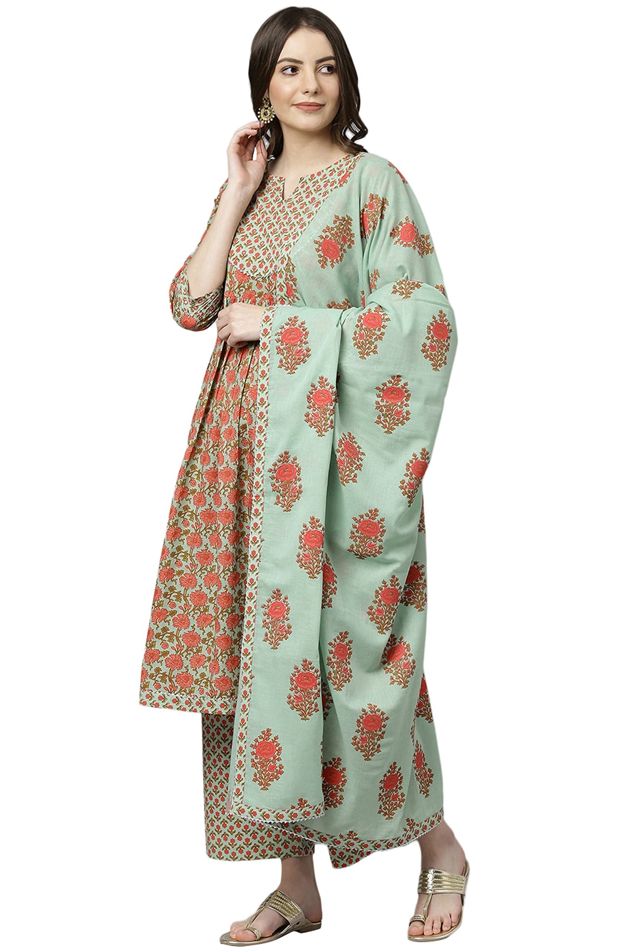 Janasya Women's Light Green Cotton Kurta With Palazzo And Dupatta