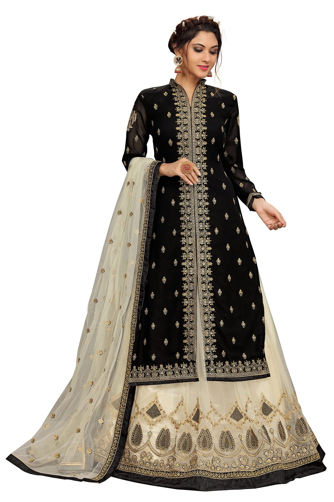 TRENDMALLS Women's Georgette Embroidery Kurta Lehenga Suit Set Stitched