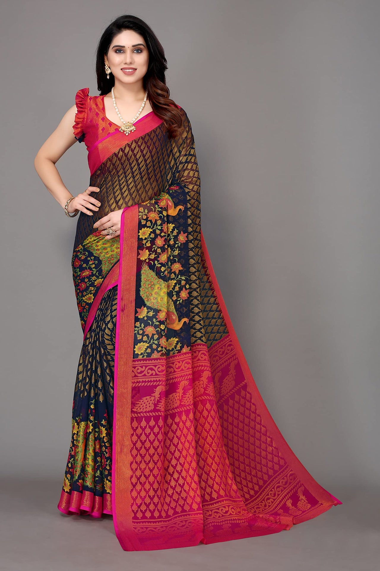 Winza Designer Women's Chiffon Brasso Floral Printed Saree with Blouse Piece
