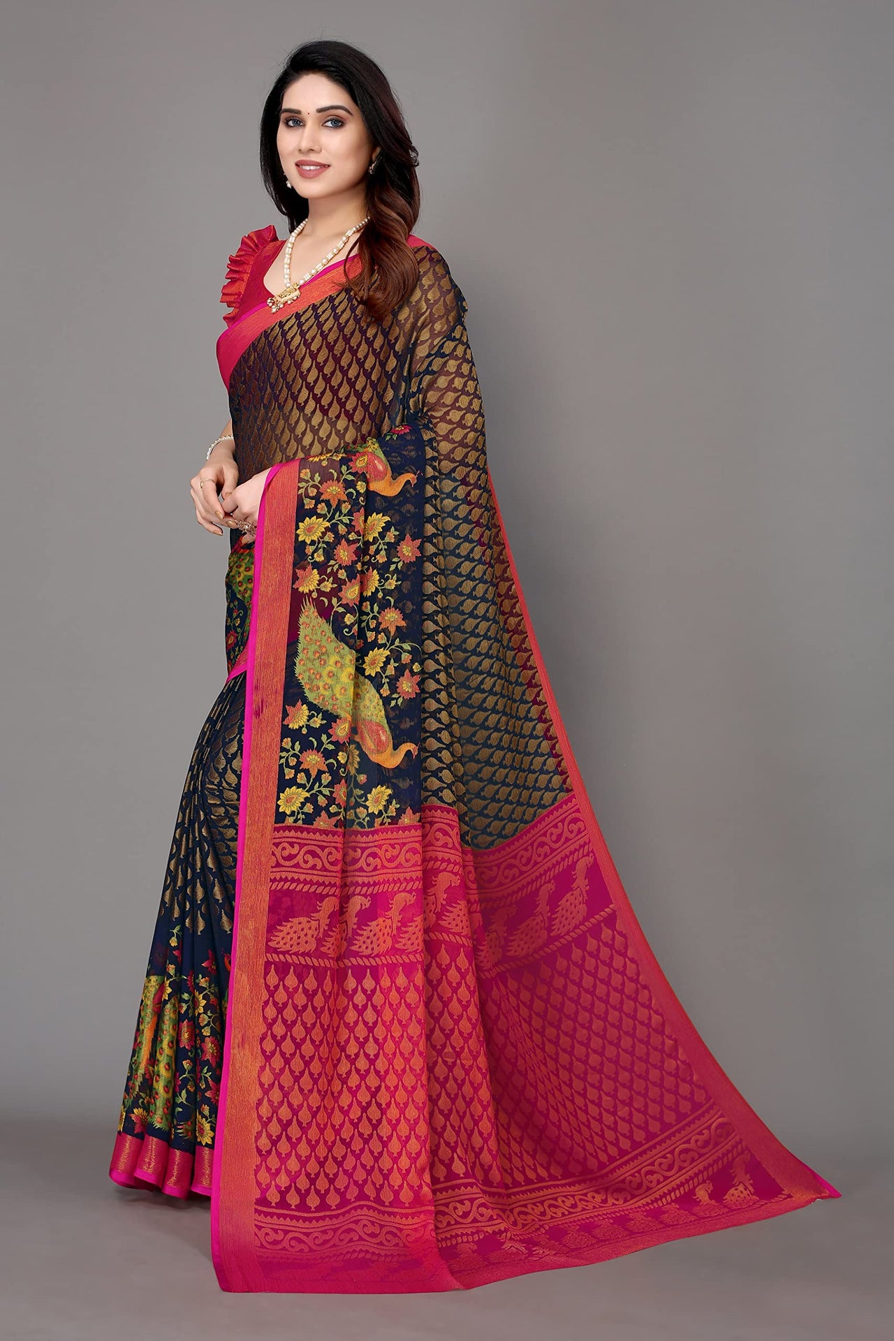 Winza Designer Women's Chiffon Brasso Floral Printed Saree with Blouse Piece