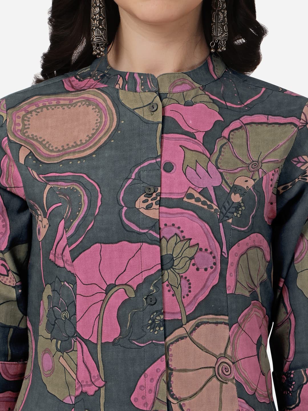 MIRCHI FASHION Women's Cotton Bagru Printed A-Line Kurta Set with Plazzo Pant L Grey, Pink