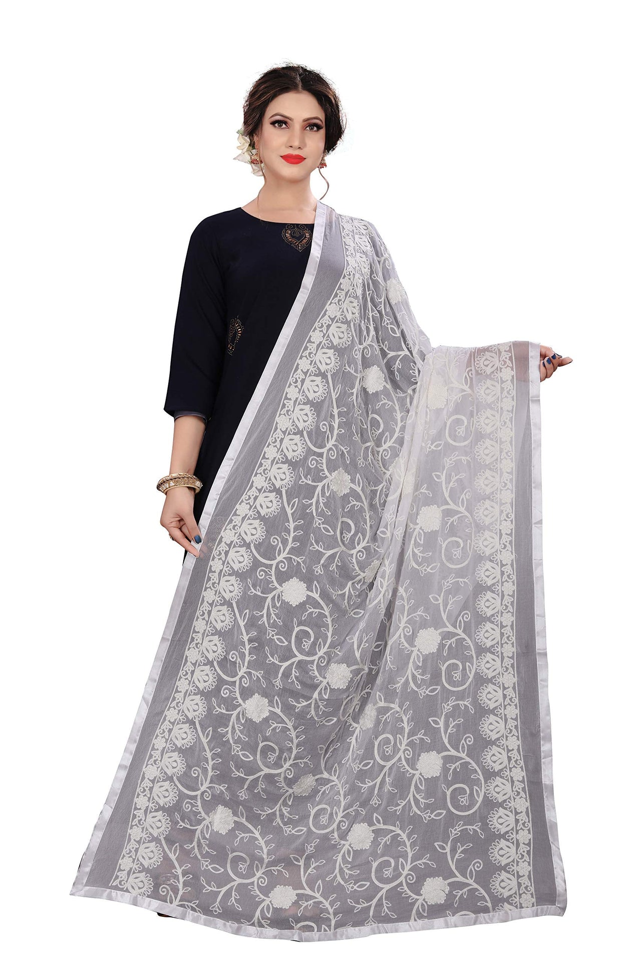 AKSHAR LLC Miss India Women's Chiffon Dupatta With Karachi Embroidery Work
