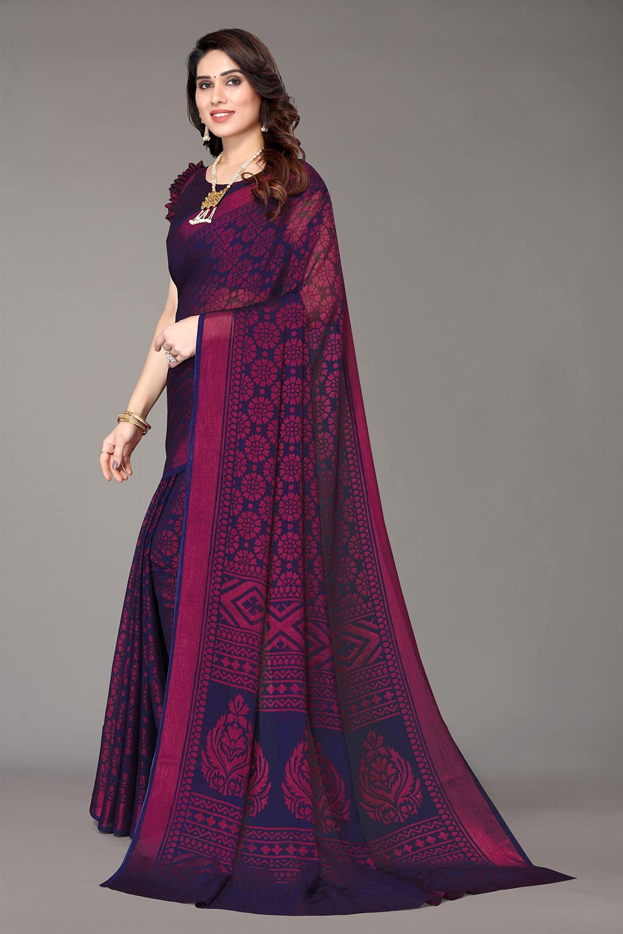 Winza Designer Women's Chiffon Brasso Printed Saree with Blouse Piece (WDP Brasso Malini W)