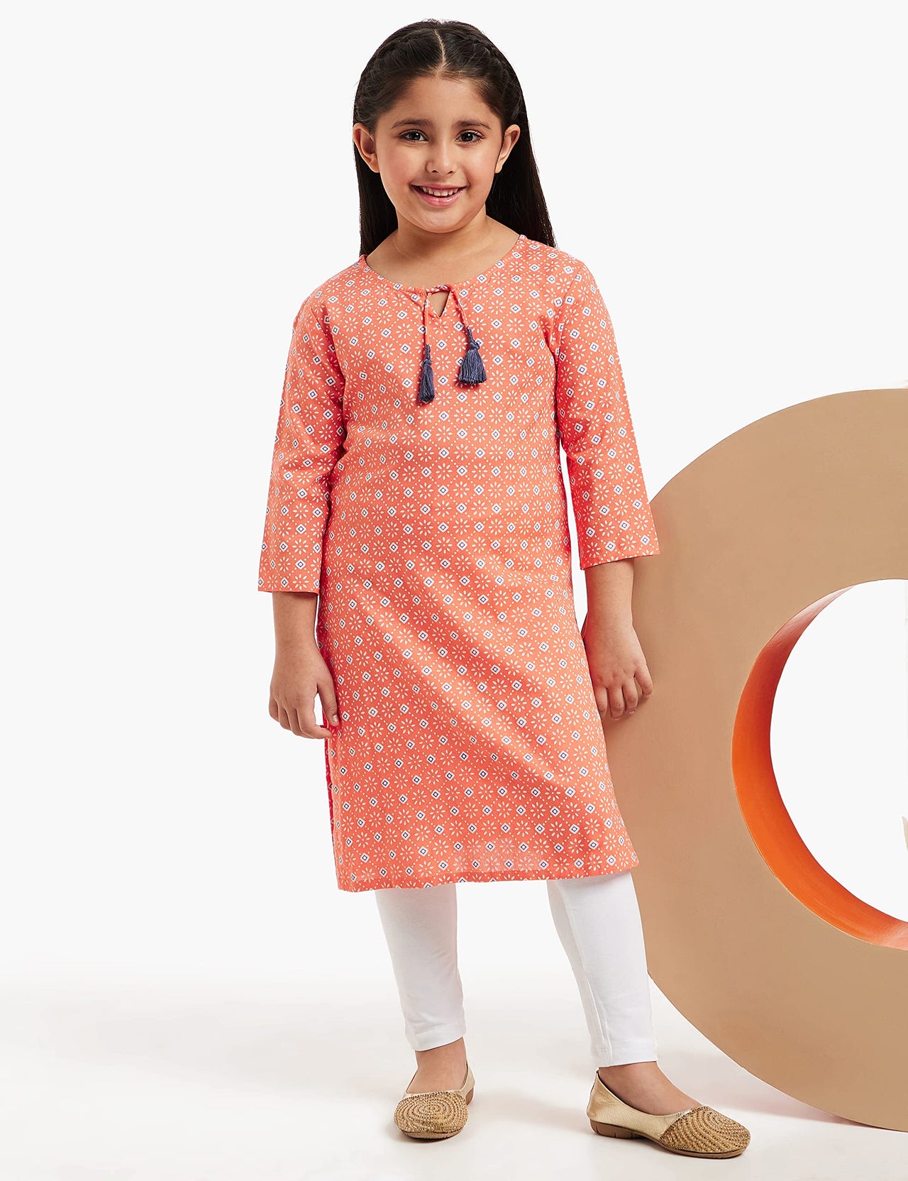 Amazon Brand - Jam & Honey Girl's Cotton Regular Short Kurti PEACH 2 2 Years-3 Years