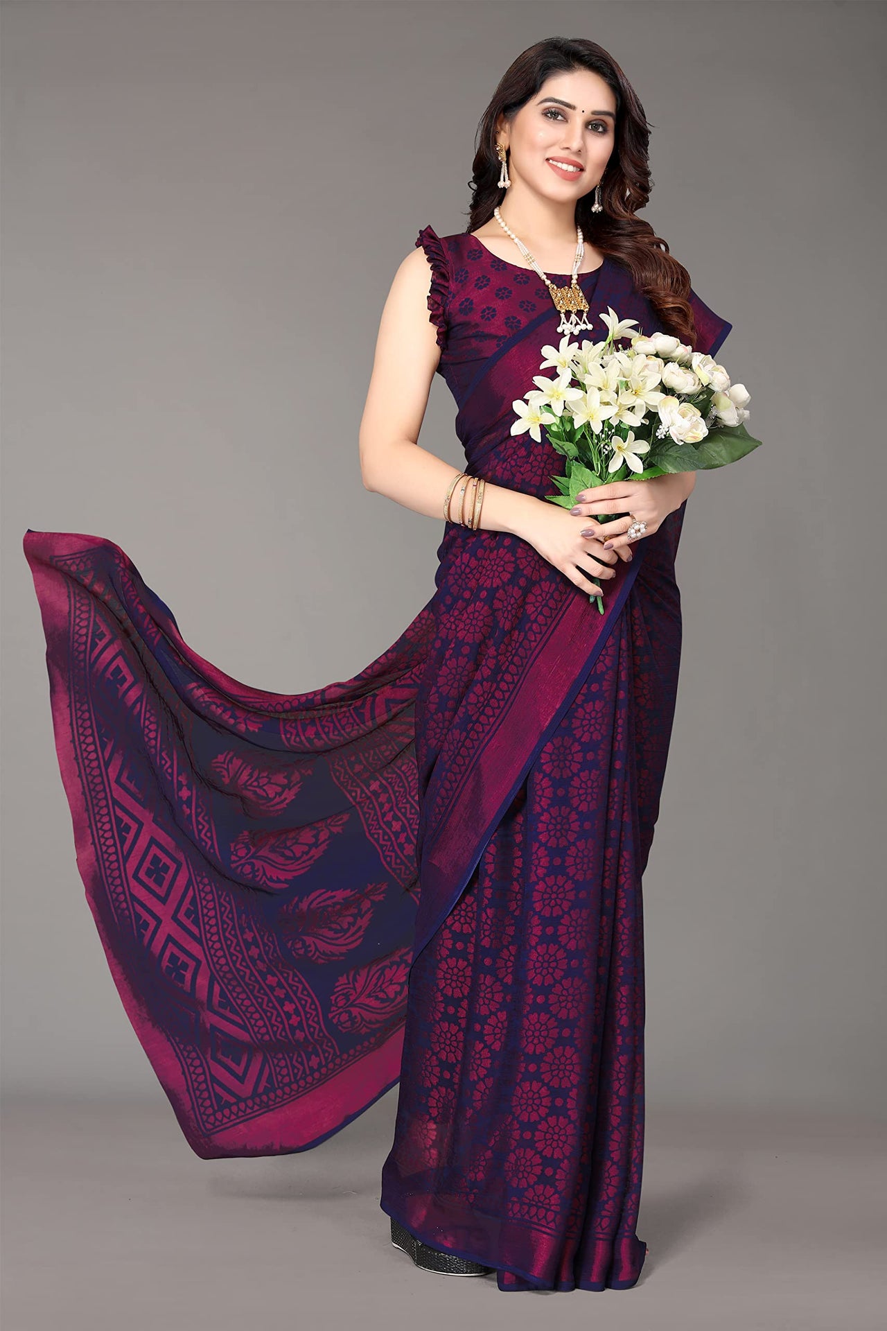 Winza Designer Women's Chiffon Brasso Printed Saree with Blouse Piece (WDP Brasso Malini W)