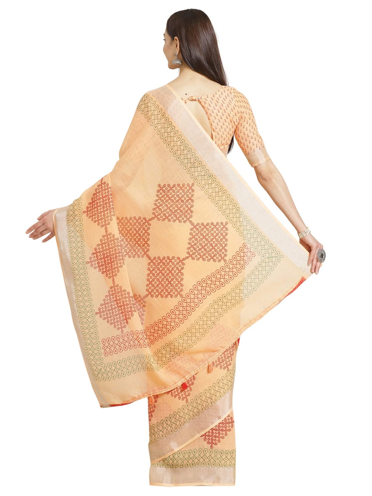 AKHILAM Women's Linen Geometric Saree With Unstitched Boluse Piece