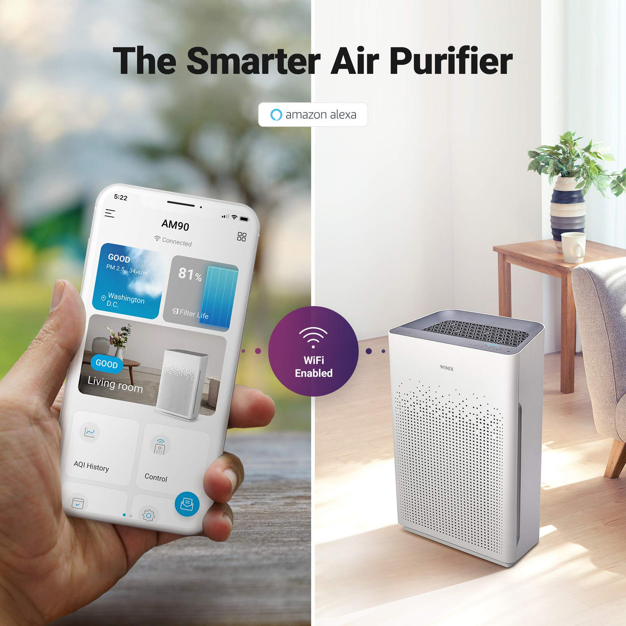 WINIX AM80 Air Purifier for Home Large Room Up to 1740 Ft² in 1 Hr With Air Quality Monitor, True HEPA, Advanced Odor Control Carbon Filter and Auto Mode, Captures Pet Allergies, Smoke, Dust Dark Gray