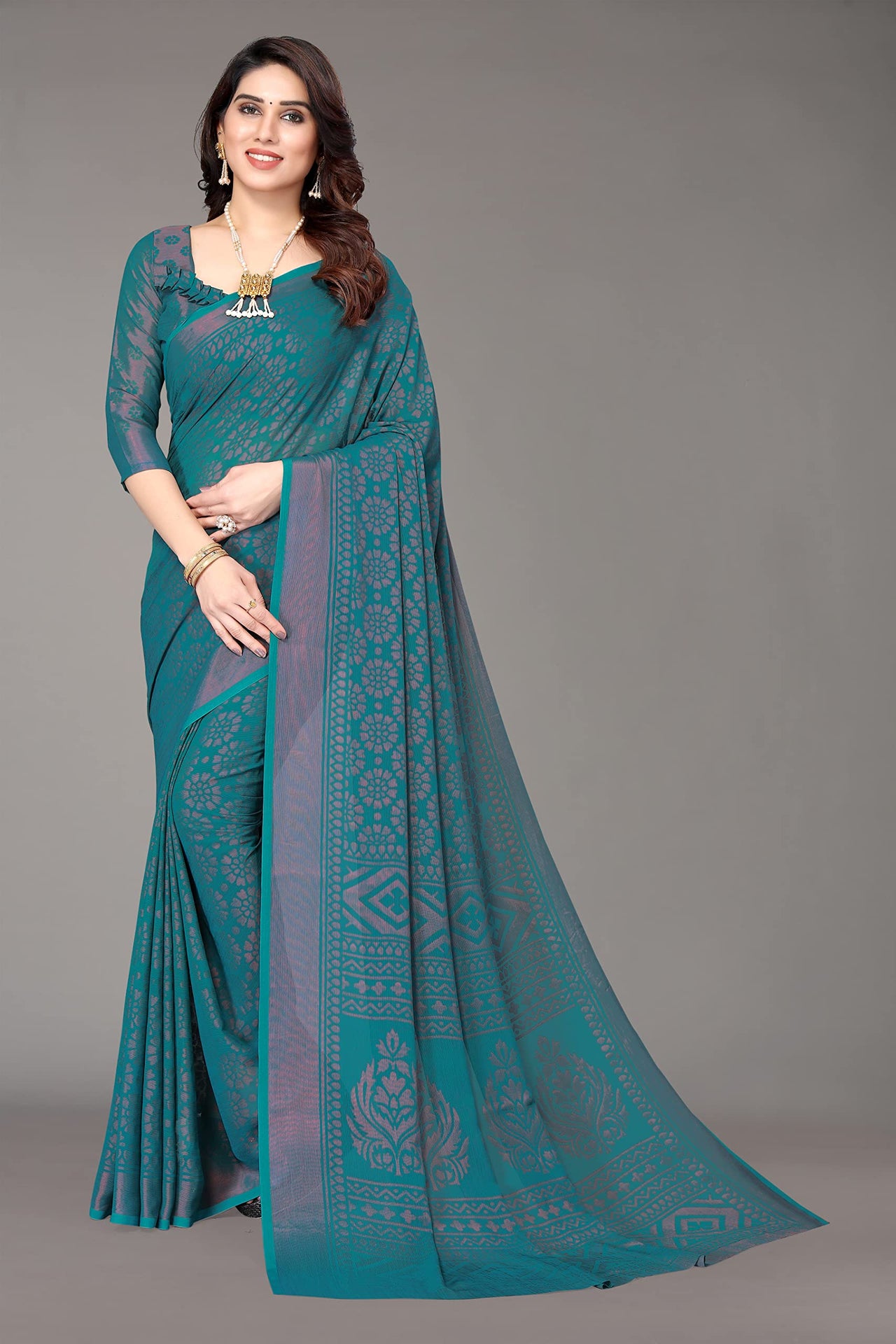 Winza Designer Women's Chiffon Brasso Printed Saree with Blouse Piece (WDP Brasso Malini W)