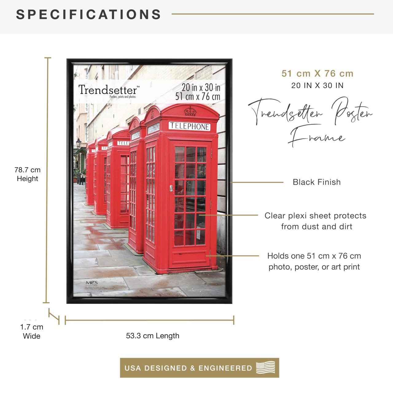 MCS Trendsetter 20x28 Poster Frame Black High-Gloss, Vertical & Horizontal Wall Hanging Large Picture Frame for Photos, Posters & Art Prints (1-Pack) 20 x 28 in Single