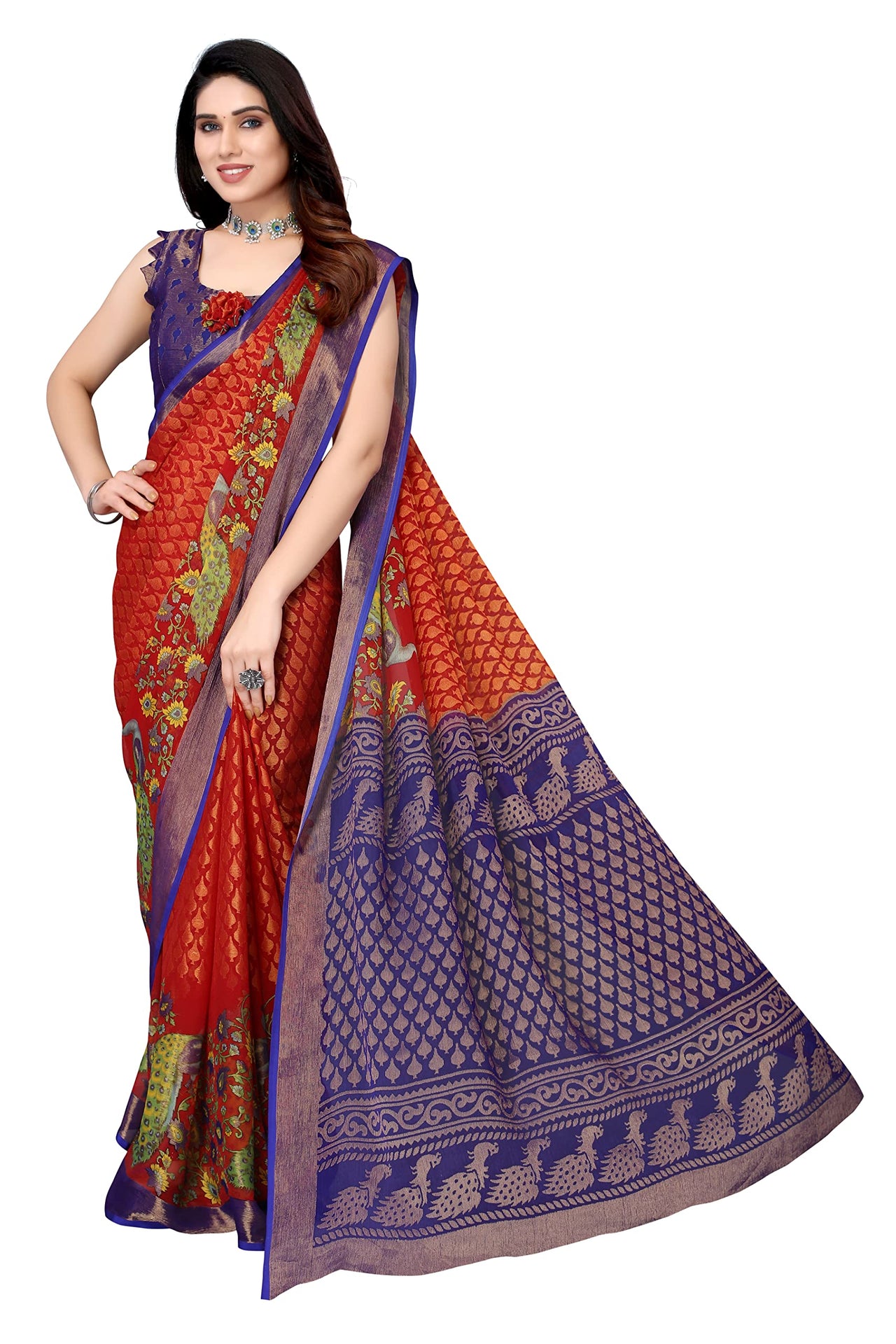 Winza Designer Women's Chiffon Brasso Floral Printed Saree with Blouse Piece